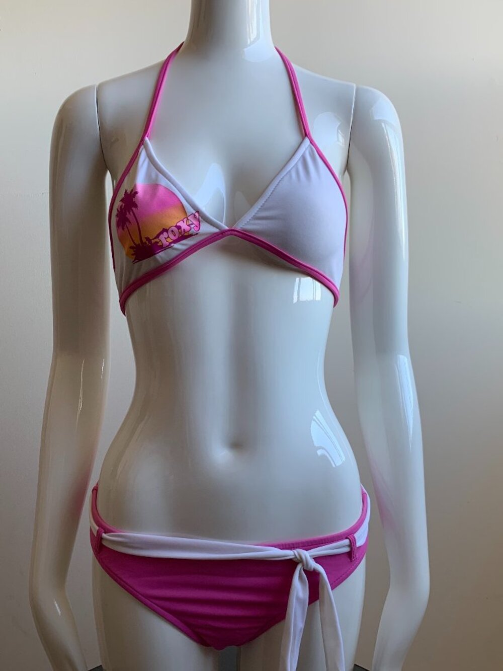 Roxy Girls swimwear pink palm tree triangle top logo belted bottom bikini